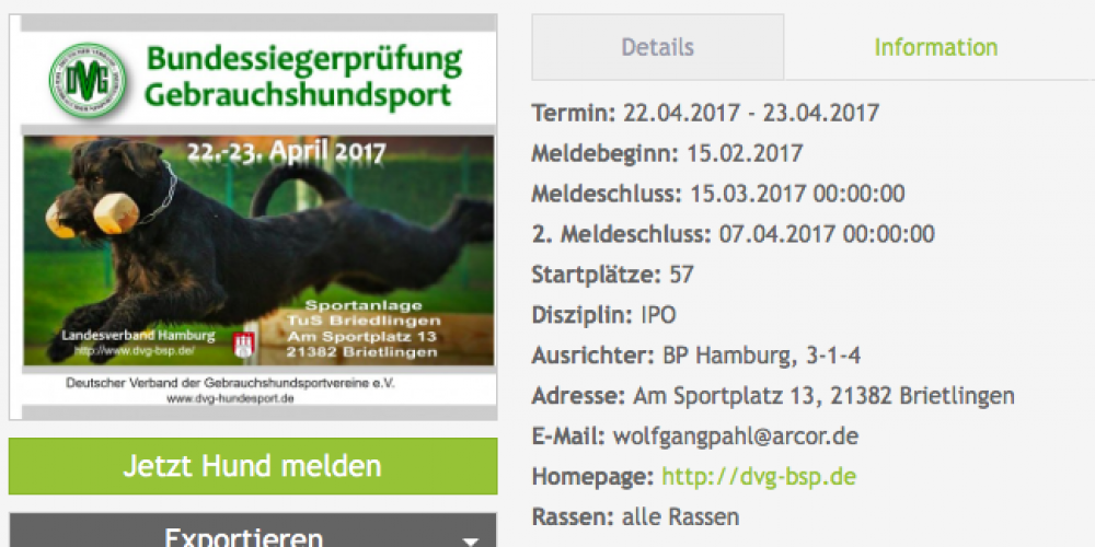 Wichtige Information zum Meldeverfahren DVG Bundessiegerprüfung Gebrauchshundsport 2017