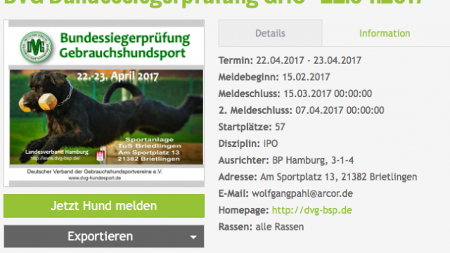 Wichtige Information zum Meldeverfahren DVG Bundessiegerprüfung Gebrauchshundsport 2017